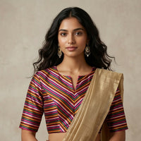 Magenta Green Yellow Stripes Multicoloured Gaji Silk Readymade Blouse | Godhuli