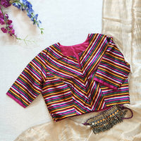 Magenta Green Yellow Stripes Multicoloured Gaji Silk Readymade Blouse | Godhuli