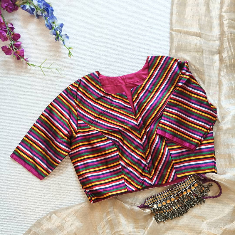 Magenta Green Yellow Stripes Multicoloured Gaji Silk Readymade Blouse | Godhuli
