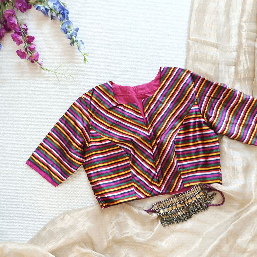 Magenta Green Yellow Stripes Multicoloured Gaji Silk Readymade Blouse | Godhuli