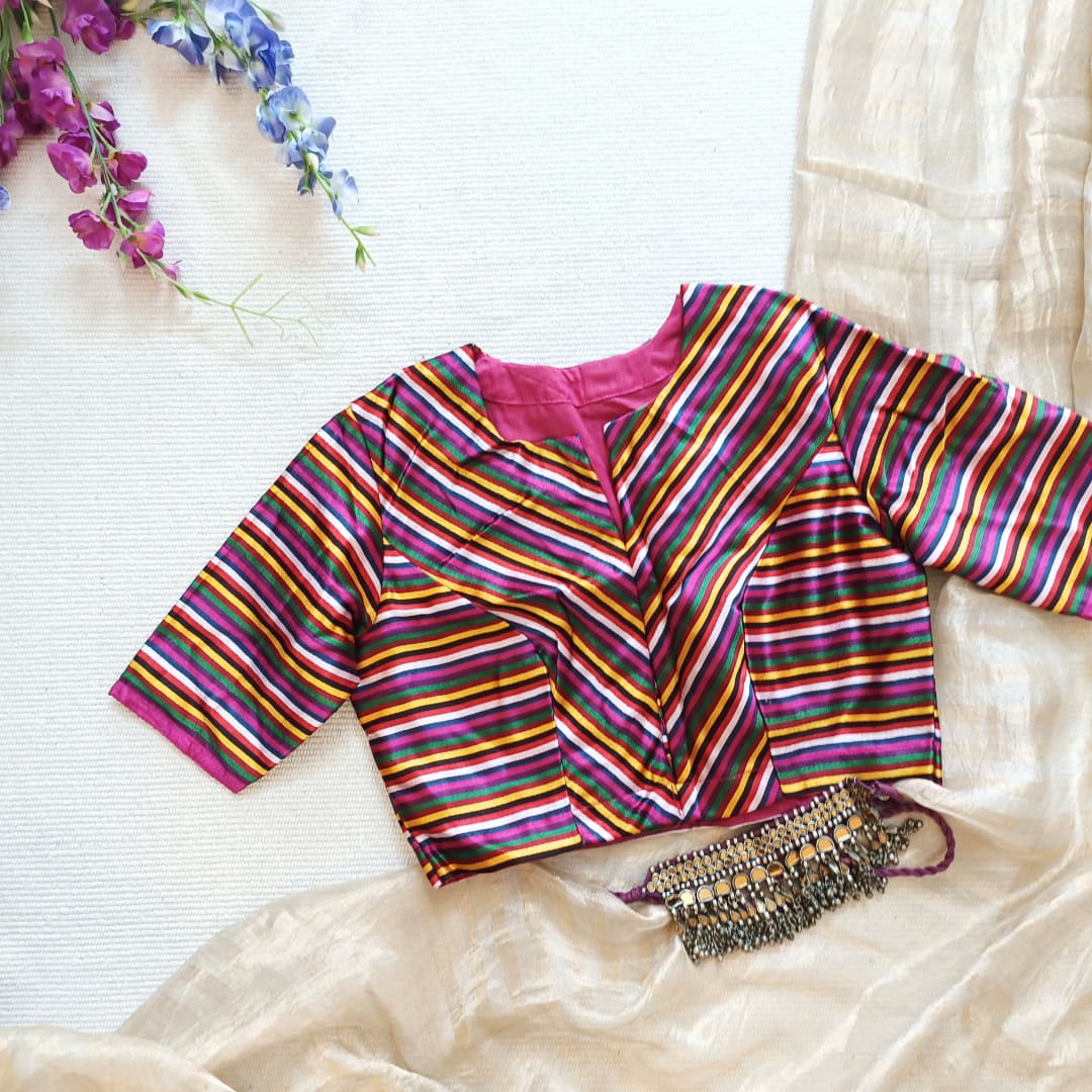 Magenta Green Yellow Stripes Multicoloured Gaji Silk Readymade Blouse