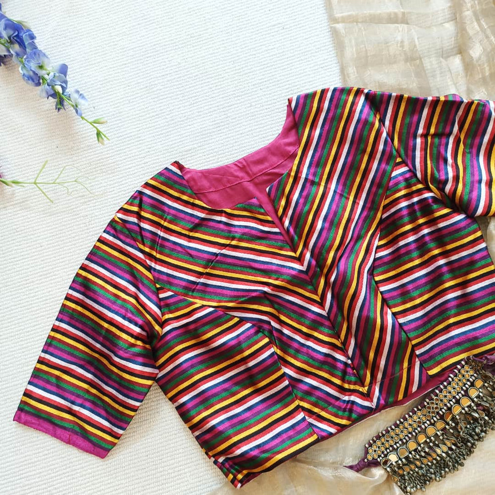 Magenta Green Yellow Stripes Multicoloured Gaji Silk Readymade Blouse | Godhuli