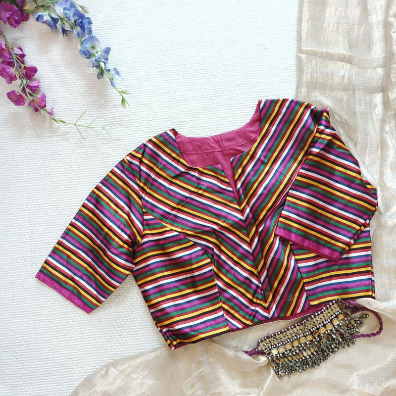 Magenta Green Yellow Stripes Multicoloured Gaji Silk Readymade Blouse | Godhuli