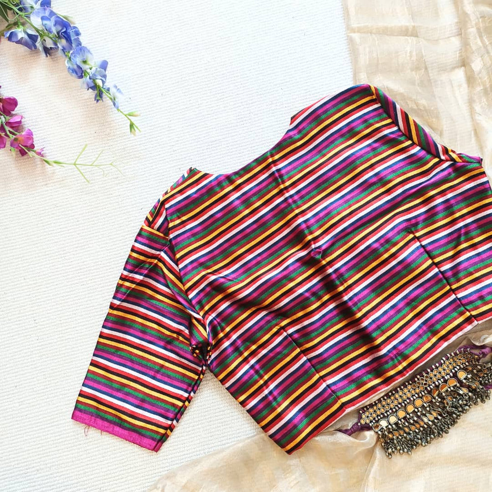 Magenta Green Yellow Stripes Multicoloured Gaji Silk Readymade Blouse | Godhuli