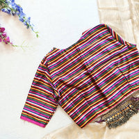 Magenta Green Yellow Stripes Multicoloured Gaji Silk Readymade Blouse | Godhuli