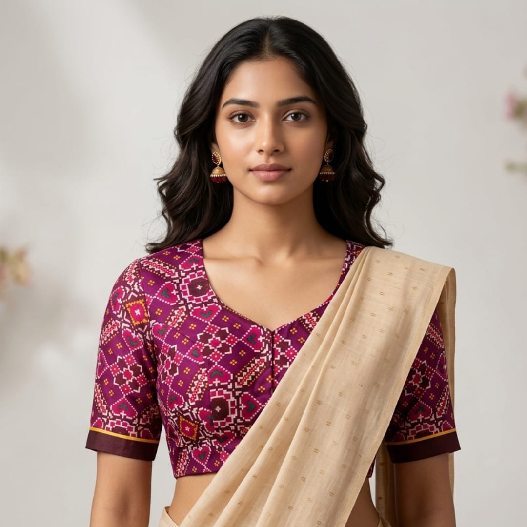 Magenta Red Brown Patola print Dola Silk Readymade Blouse | Godhuli