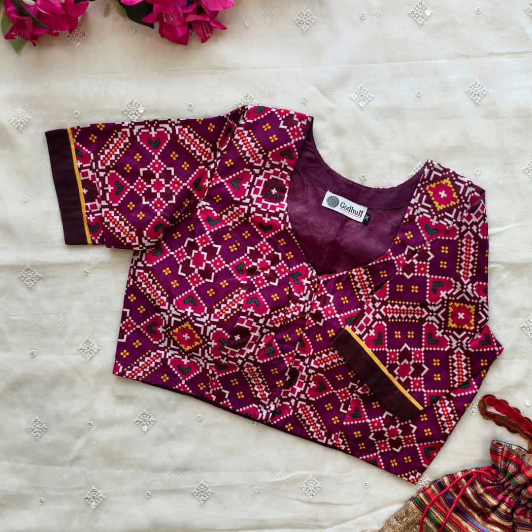 Magenta Red Brown Patola print Dola Silk Readymade Blouse | Godhuli