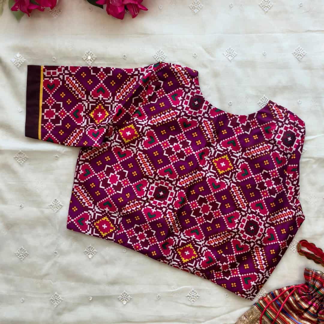 Magenta Red Brown Patola print Dola Silk Readymade Blouse | Godhuli