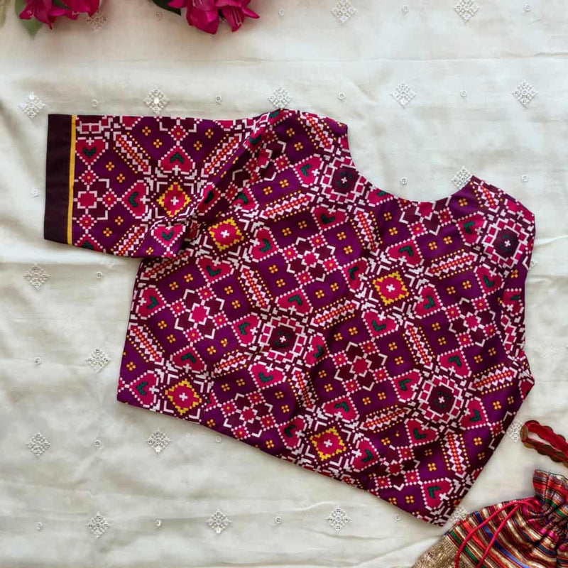 Magenta Red Brown Patola print Dola Silk Readymade Blouse | Godhuli