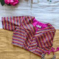Magenta Red Green Stripes Multicoloured Gaji Silk Readymade Blouse | Godhuli