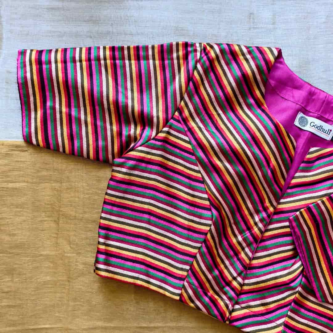 Magenta Red Green Stripes Multicoloured Gaji Silk Readymade Blouse | Godhuli