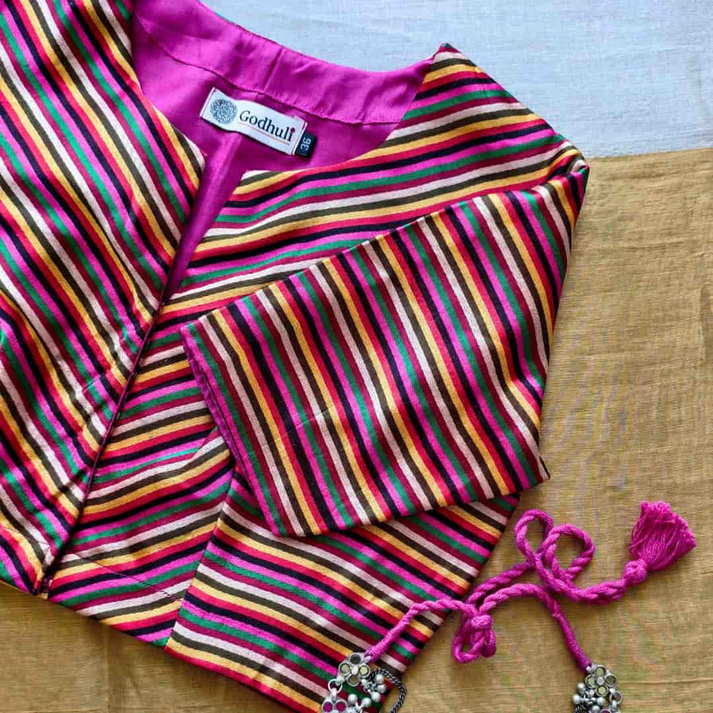 Magenta Red Green Stripes Multicoloured Gaji Silk Readymade Blouse | Godhuli