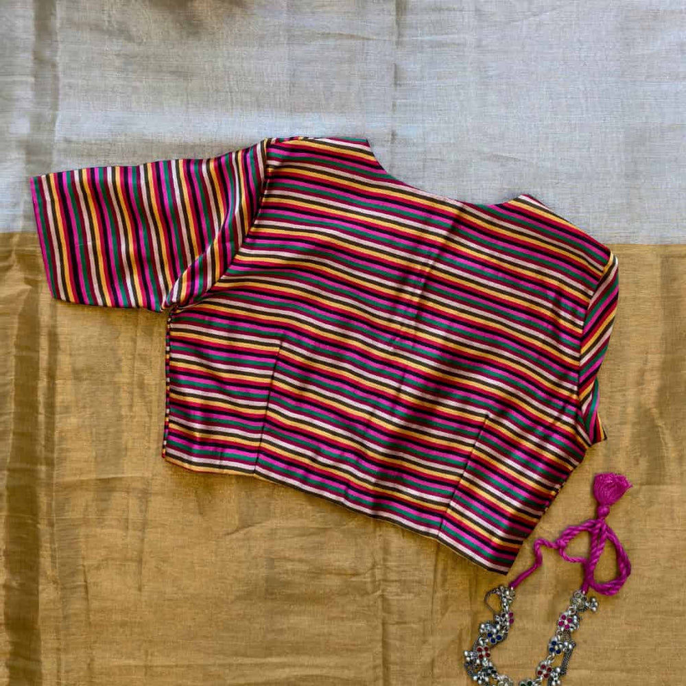 Magenta Red Green Stripes Multicoloured Gaji Silk Readymade Blouse | Godhuli