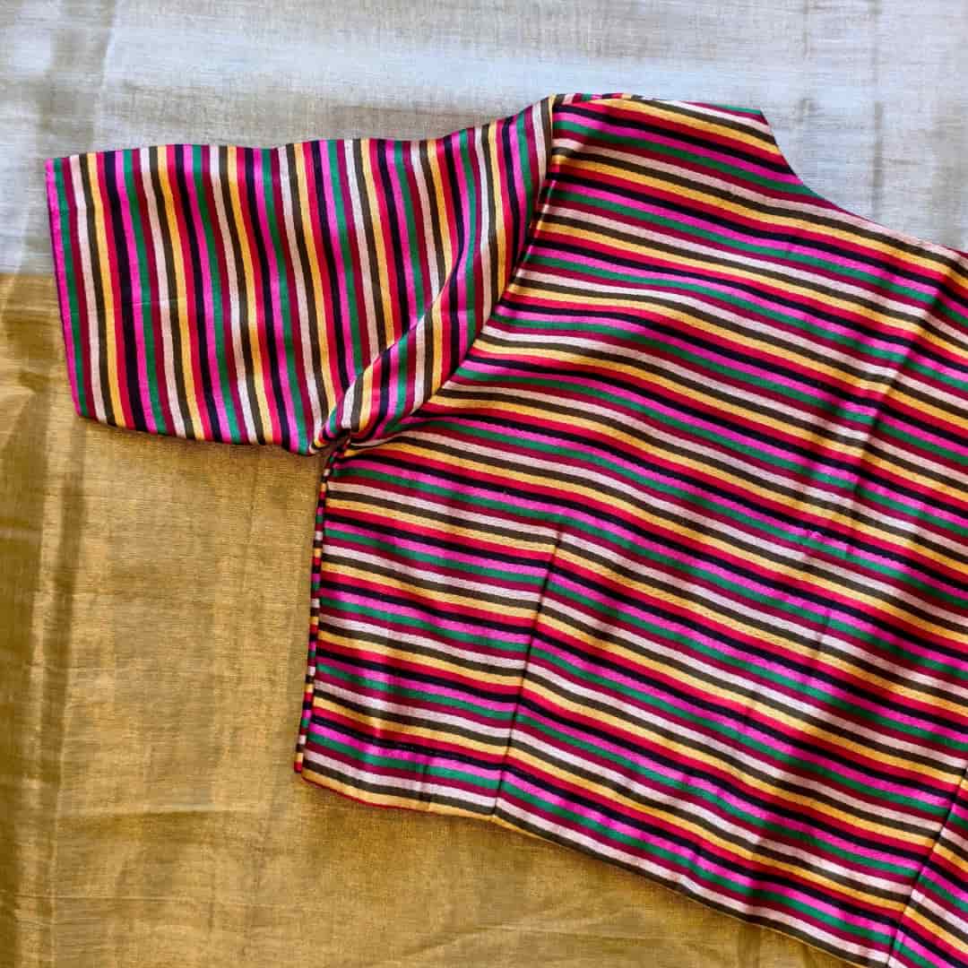 Magenta Red Green Stripes Multicoloured Gaji Silk Readymade Blouse | Godhuli