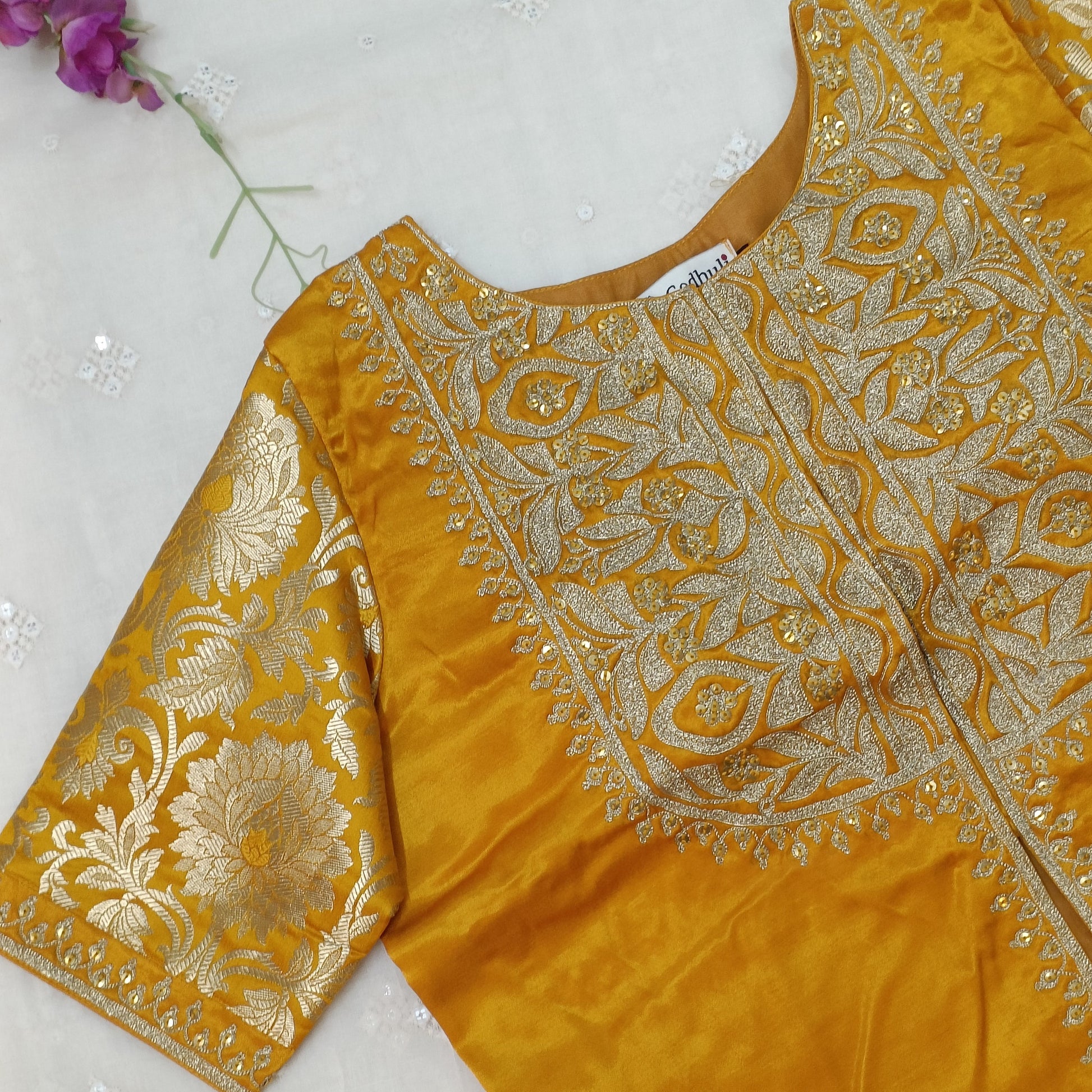 Mango Yellow Gaji Silk Aari Work Blouse