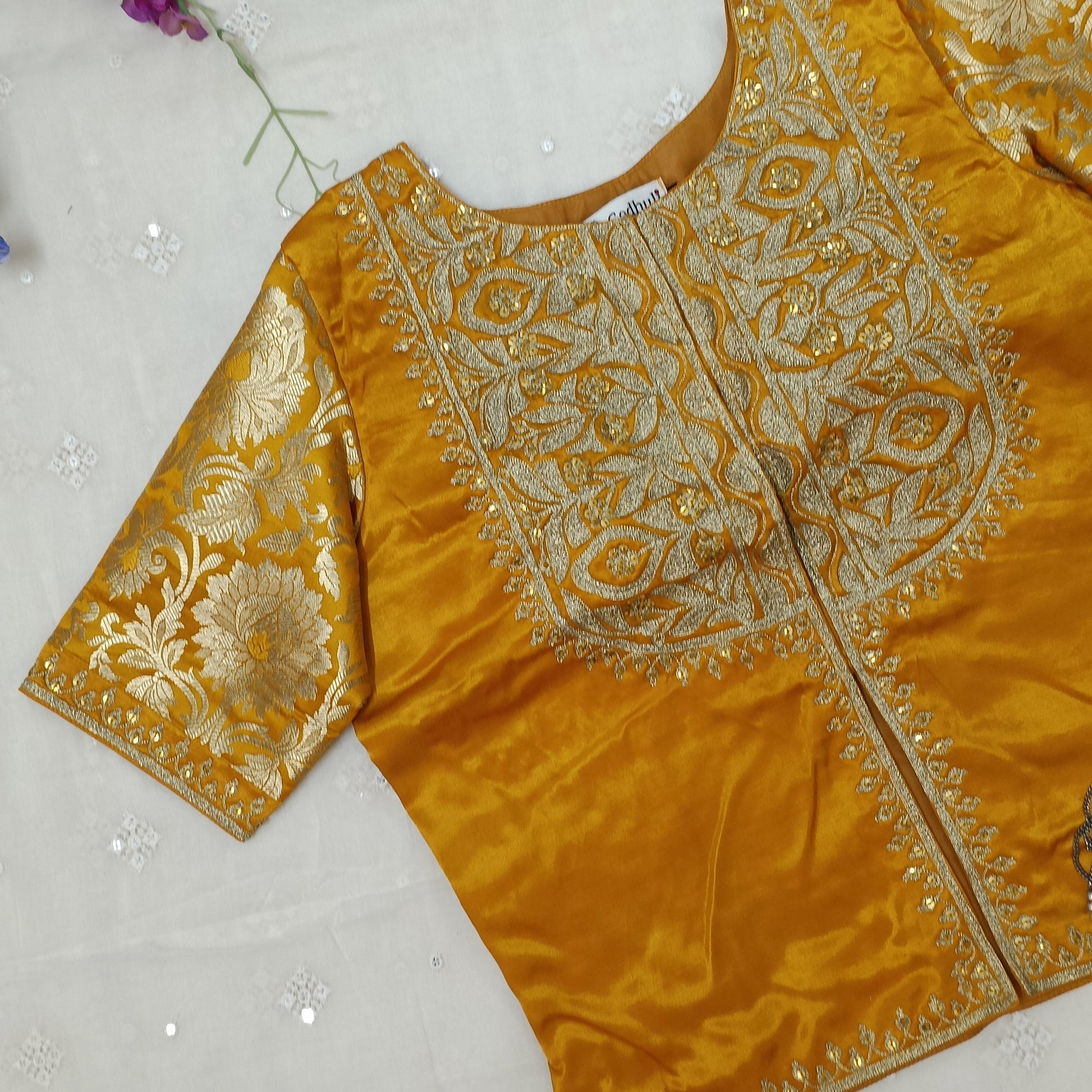 Mango Yellow Gaji Silk Aari Work Blouse