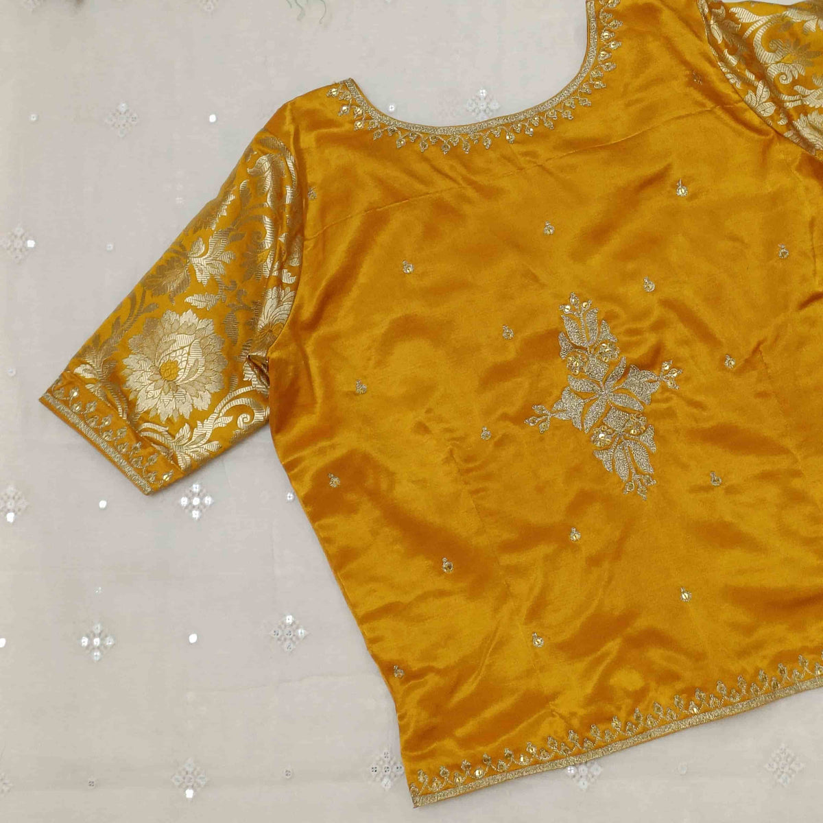 Mango Yellow Gaji Silk Aari Work Readymade Blouse