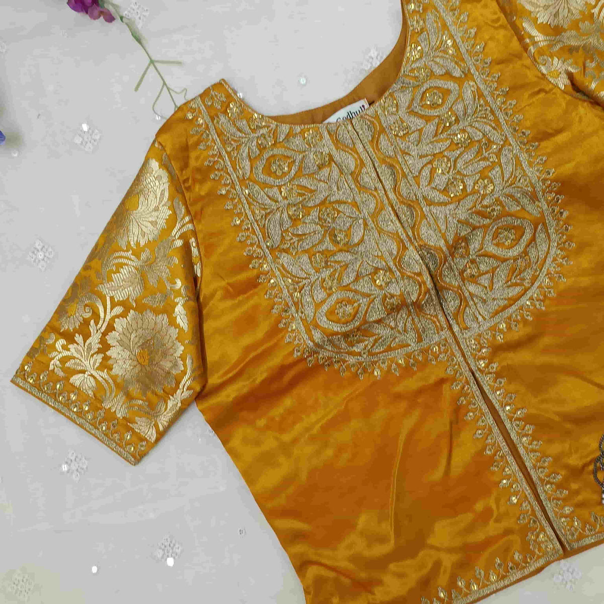 Mango Yellow Gaji Silk Aari Work Readymade Blouse