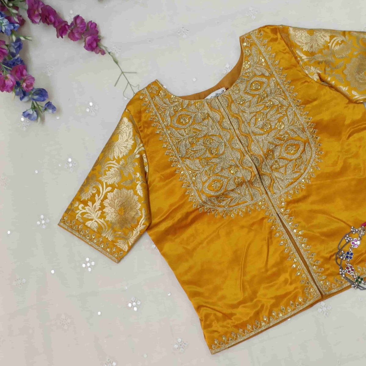 Mango Yellow Gaji Silk Aari Work Readymade Blouse