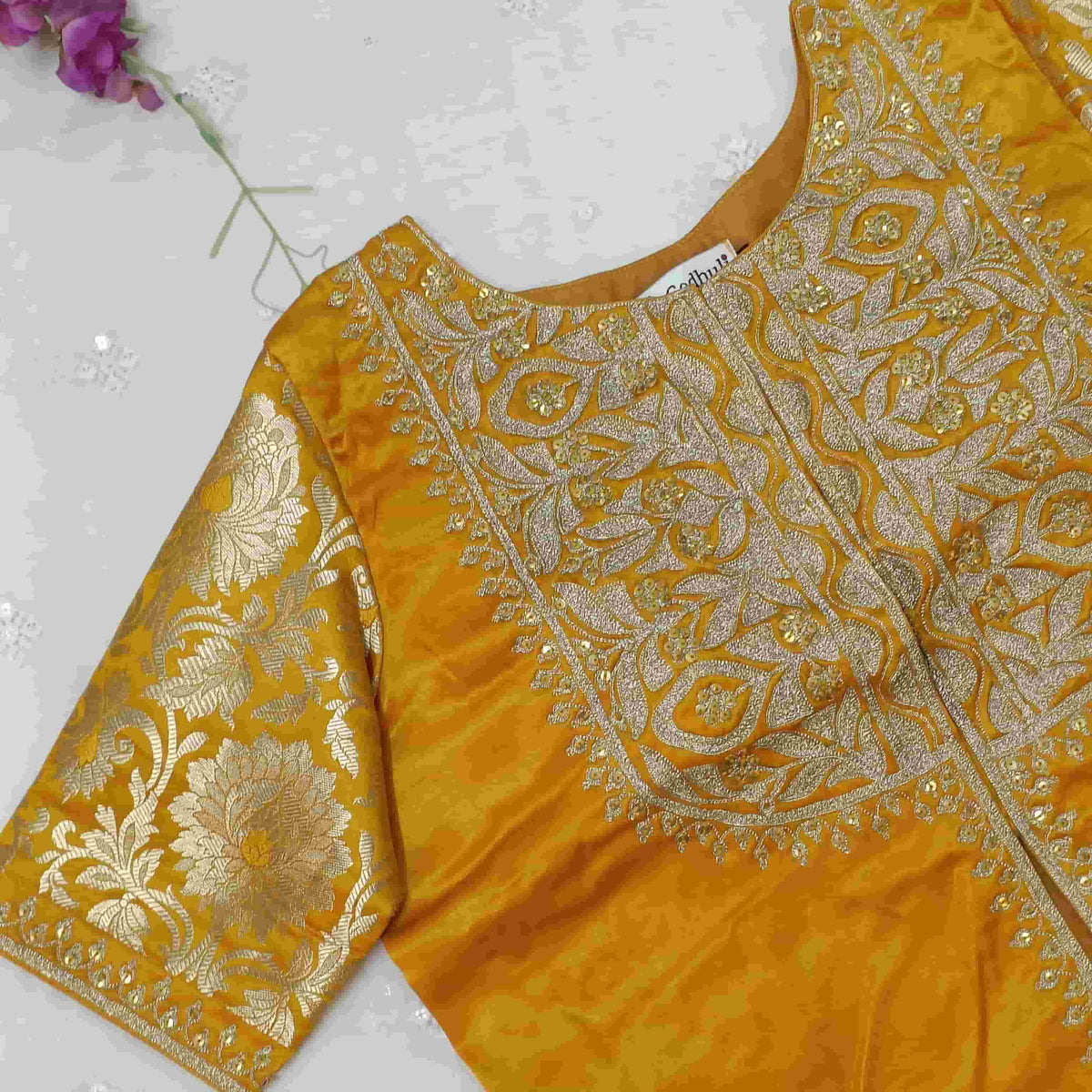 Mango Yellow Gaji Silk Aari Work Readymade Blouse