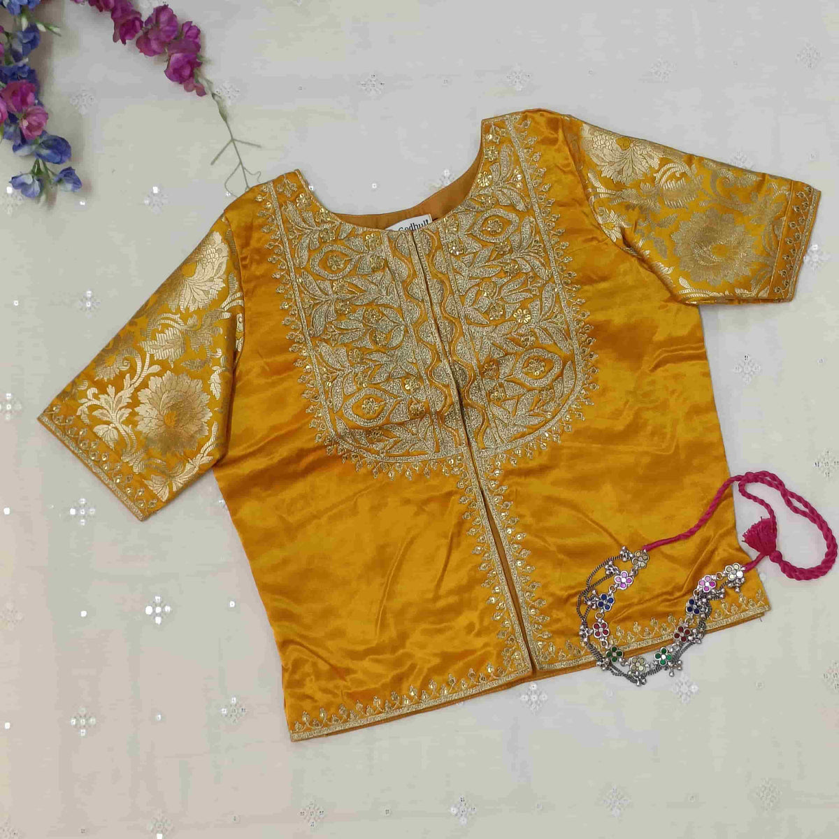 Mango Yellow Gaji Silk Aari Work Readymade Blouse