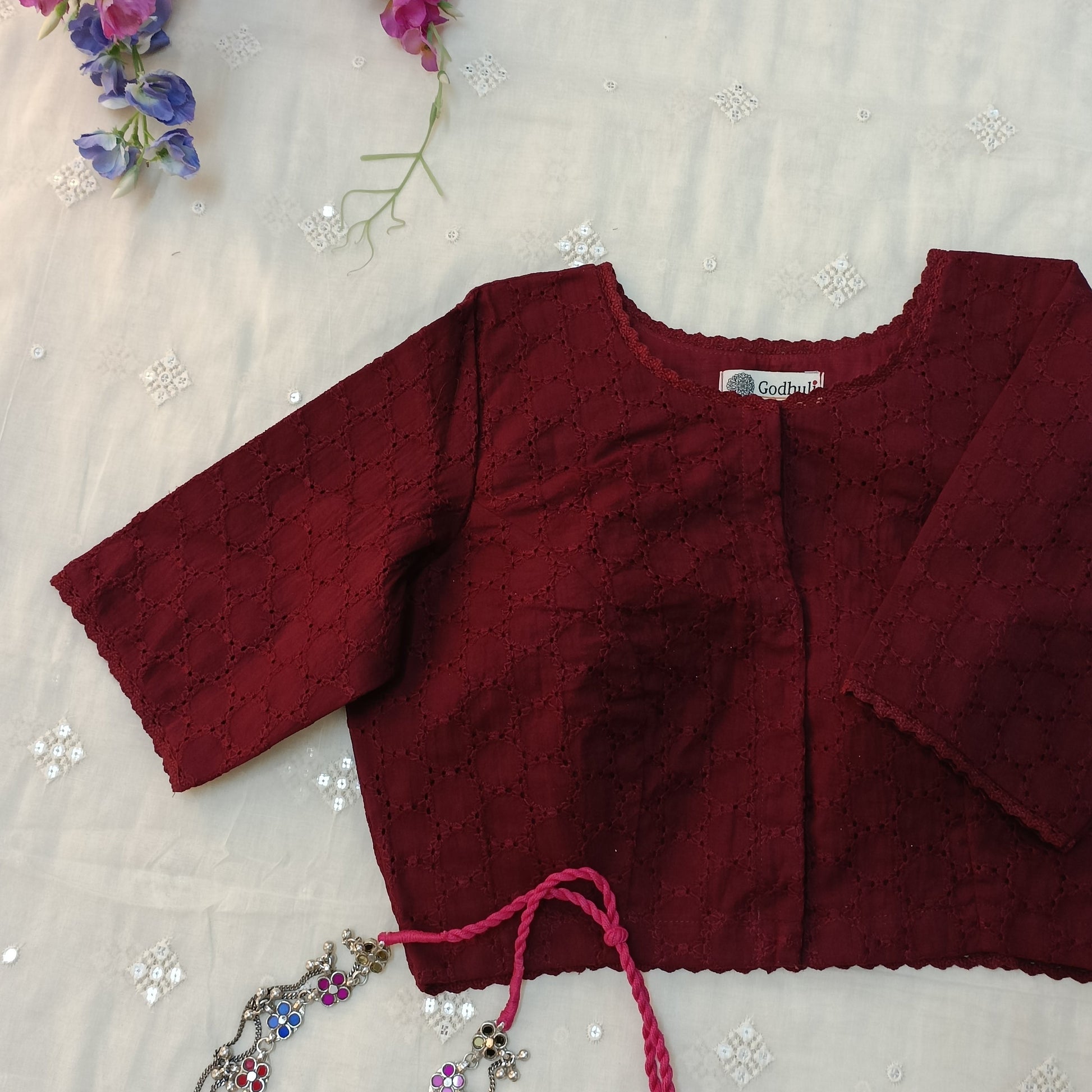 Maroon Cut Work Blouse with Sleeves Combo