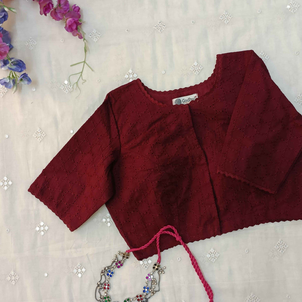 Maroon Cut Work Readymade Blouse with Sleeves 