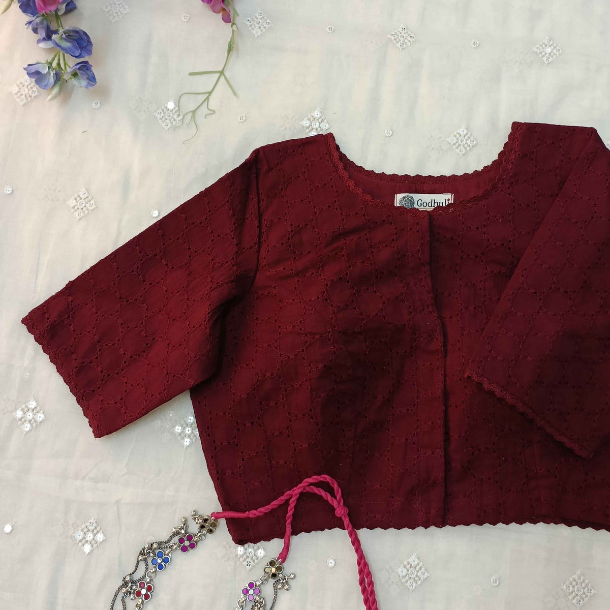 Maroon Cut Work Readymade Blouse with Sleeves 