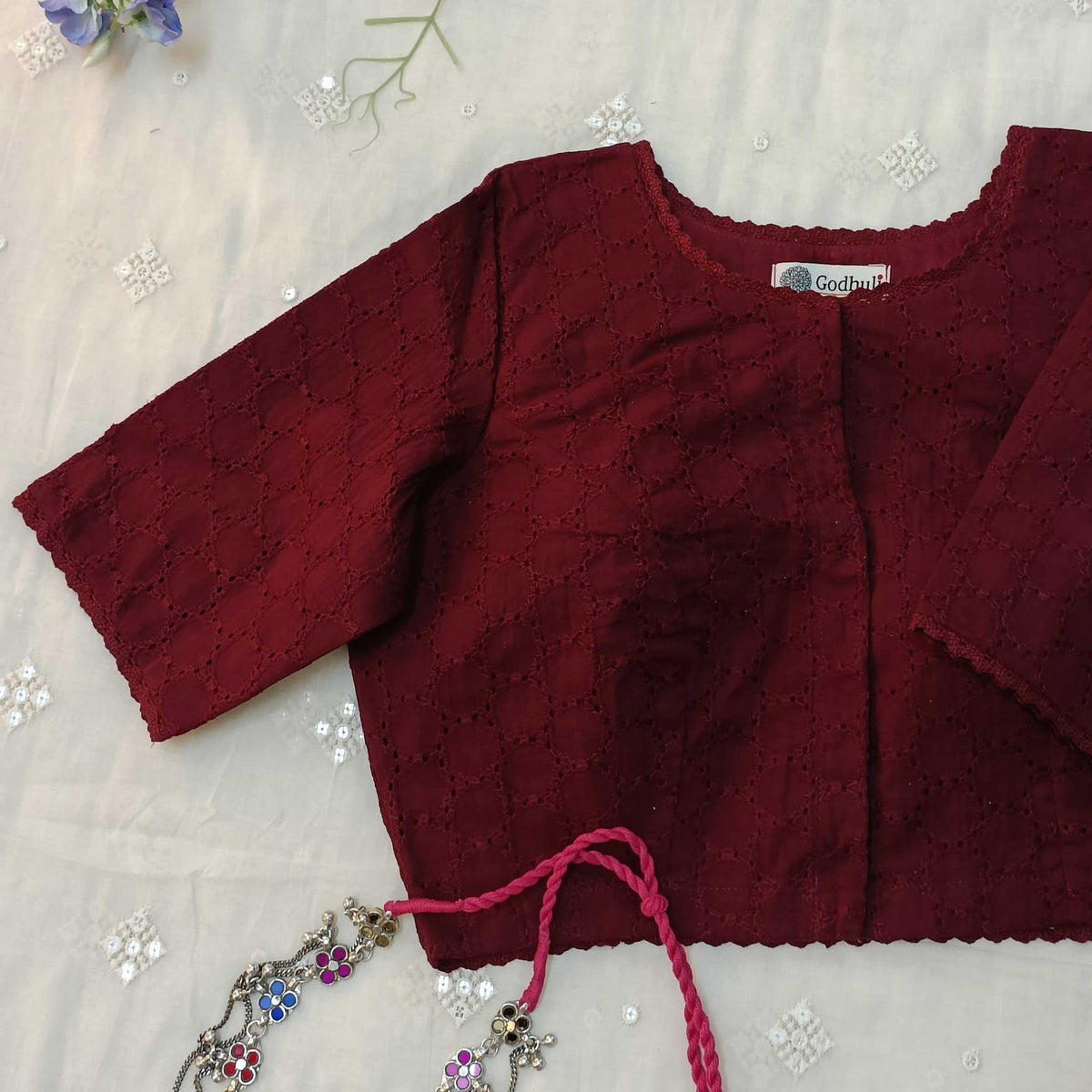 Maroon Cut Work Readymade Blouse with Sleeves 