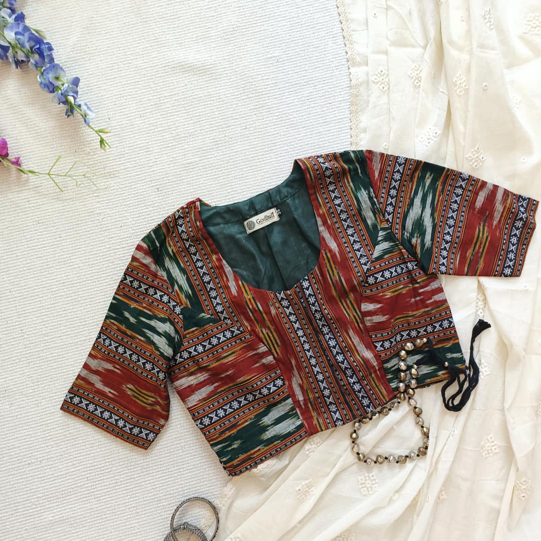 Maroon Dark Green Ikat Readymade Blouse