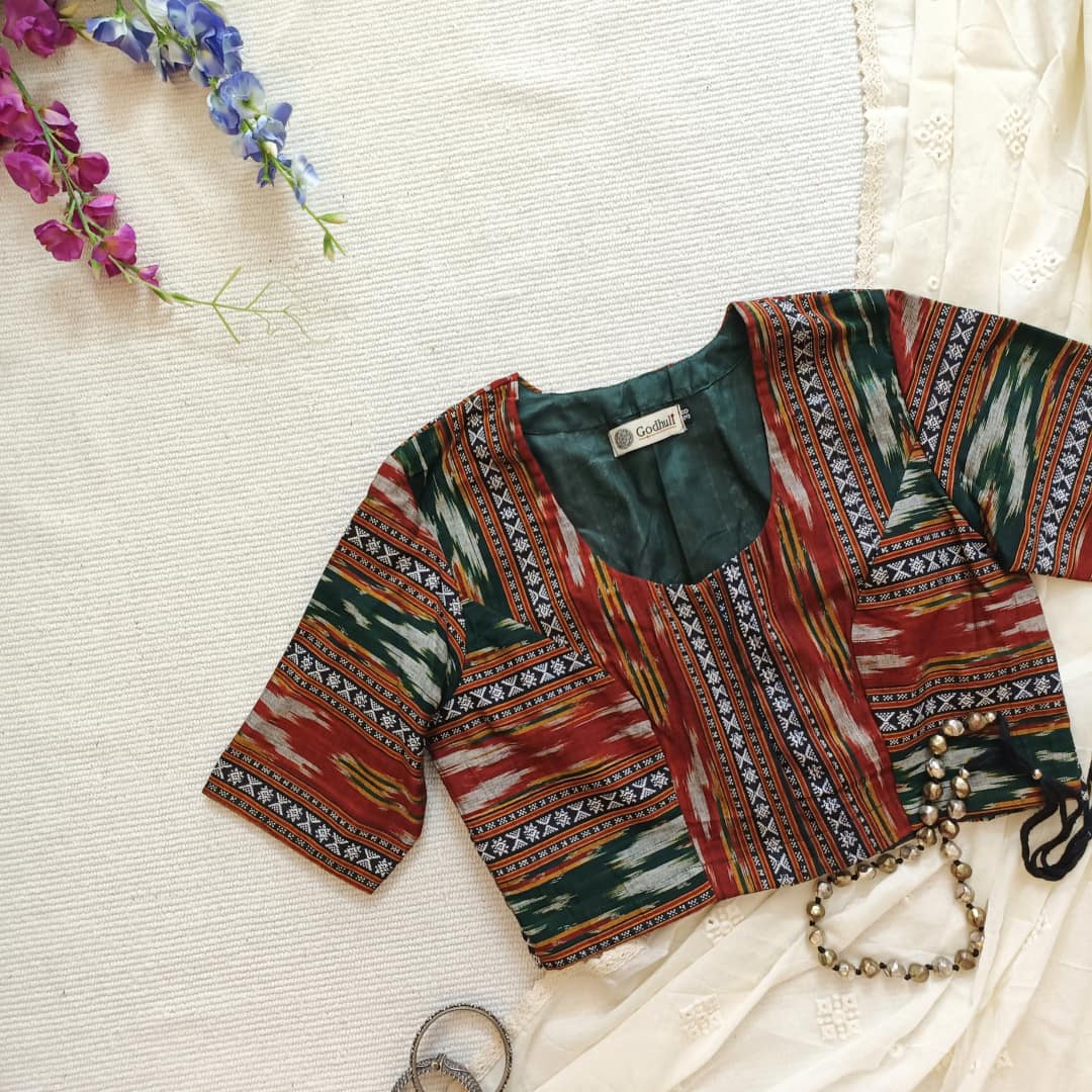 Maroon Dark Green Ikat Readymade Blouse