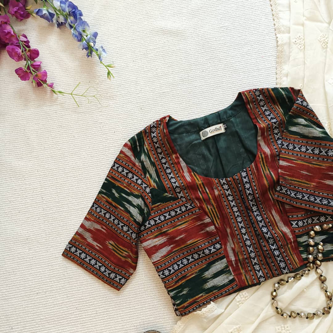 Maroon Dark Green Ikat Readymade Blouse