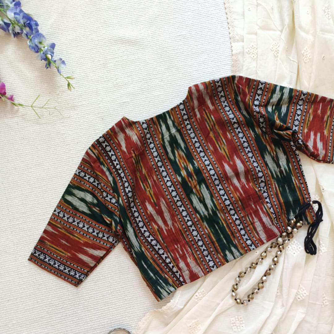 Maroon Dark Green Ikat Readymade Blouse