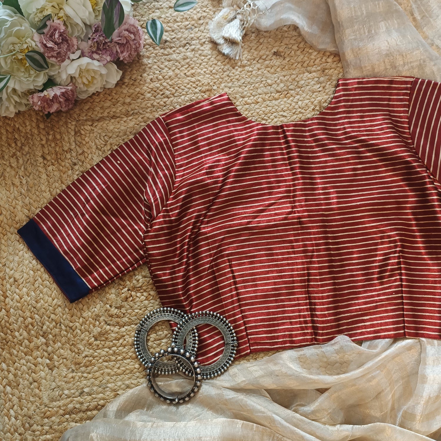 Maroon Gaji Silk Stripes Readymade Blouse | Godhuli