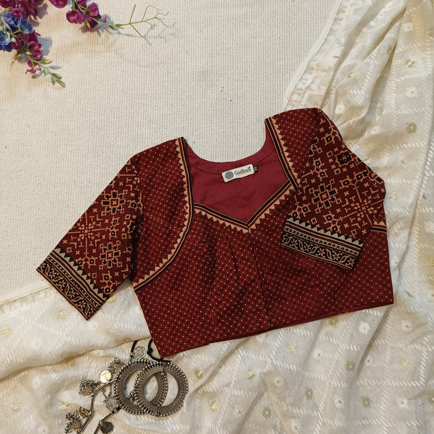  Maroon Gamathi Blouse with Patola Print Sleeves