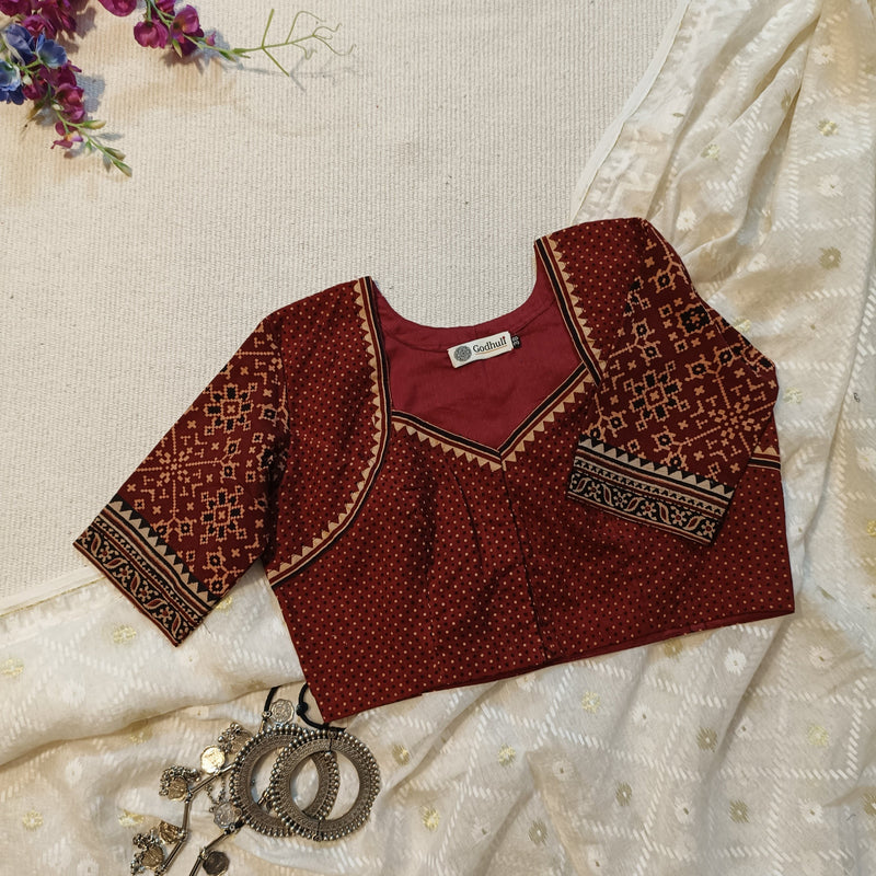 Maroon Gamathi Readymade Blouse with Patola Print Sleeves | Godhuli