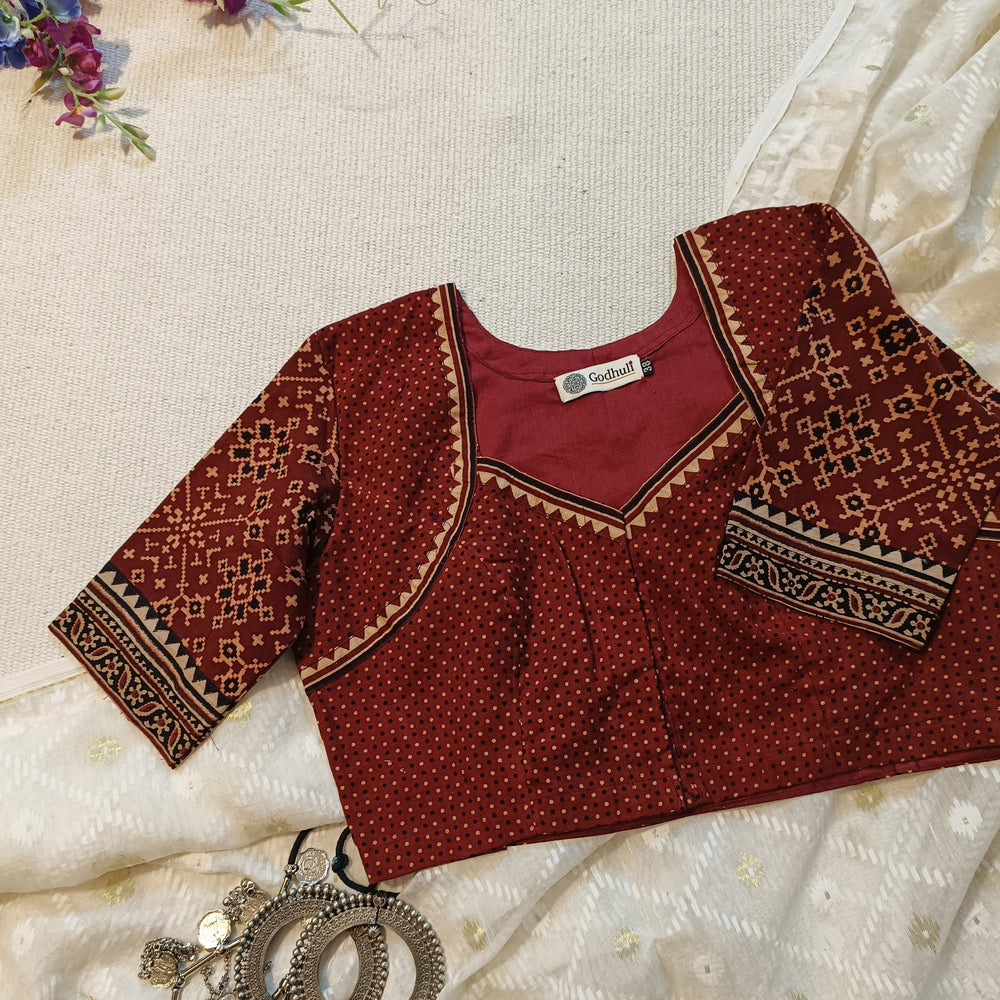 Maroon Gamathi Readymade Blouse with Patola Print Sleeves | Godhuli