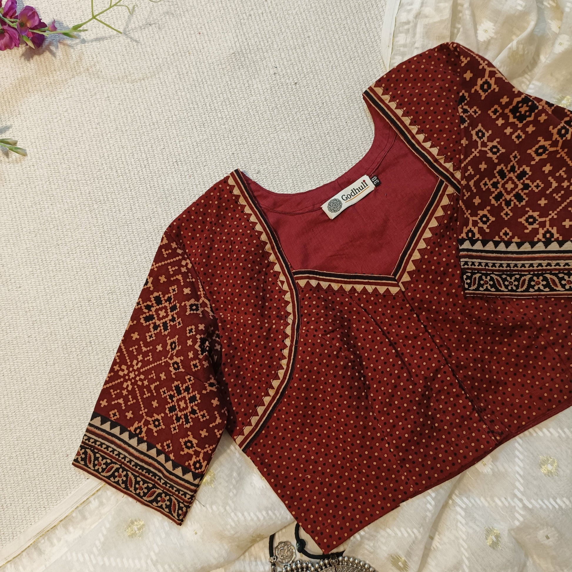  Maroon Gamathi Blouse with Patola Print Sleeves