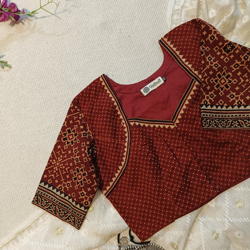 Maroon Gamathi Readymade Blouse with Patola Print Sleeves | Godhuli