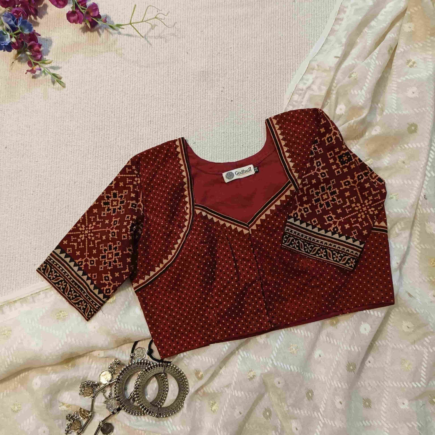 Maroon Gamathi Readymade Blouse with Patola Print Sleeves
