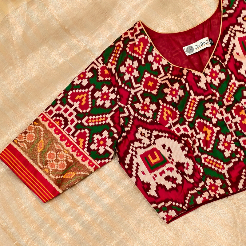 Maroon Green Navratan Design Patola Readymade Blouse | Godhuli
