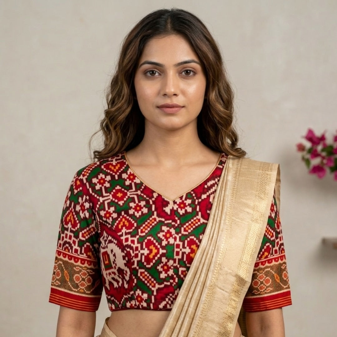 Maroon Green Navratan Design Patola Readymade Blouse