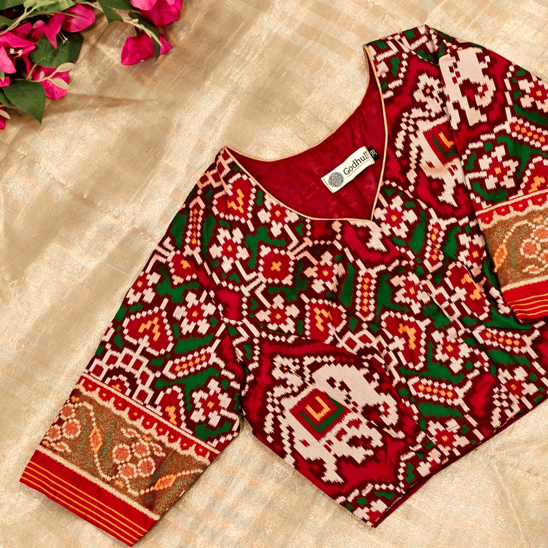 Maroon Green Navratan Design Patola Readymade Blouse