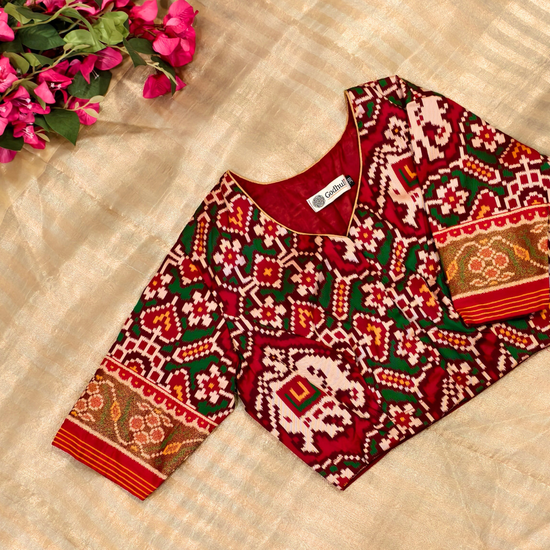 Maroon Green Navratan Design Patola Readymade Blouse