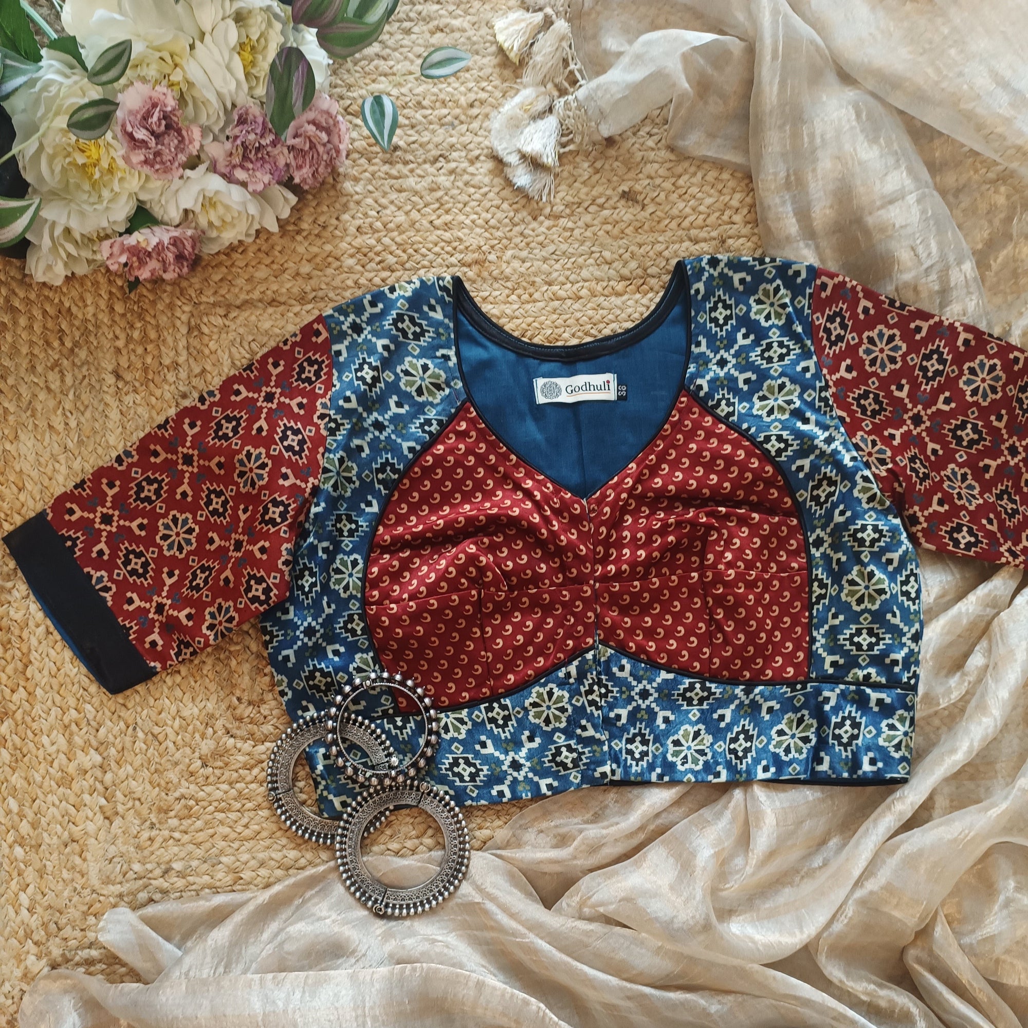 Maroon Indigo Blue Gaji Silk Choli Pattern Blouse