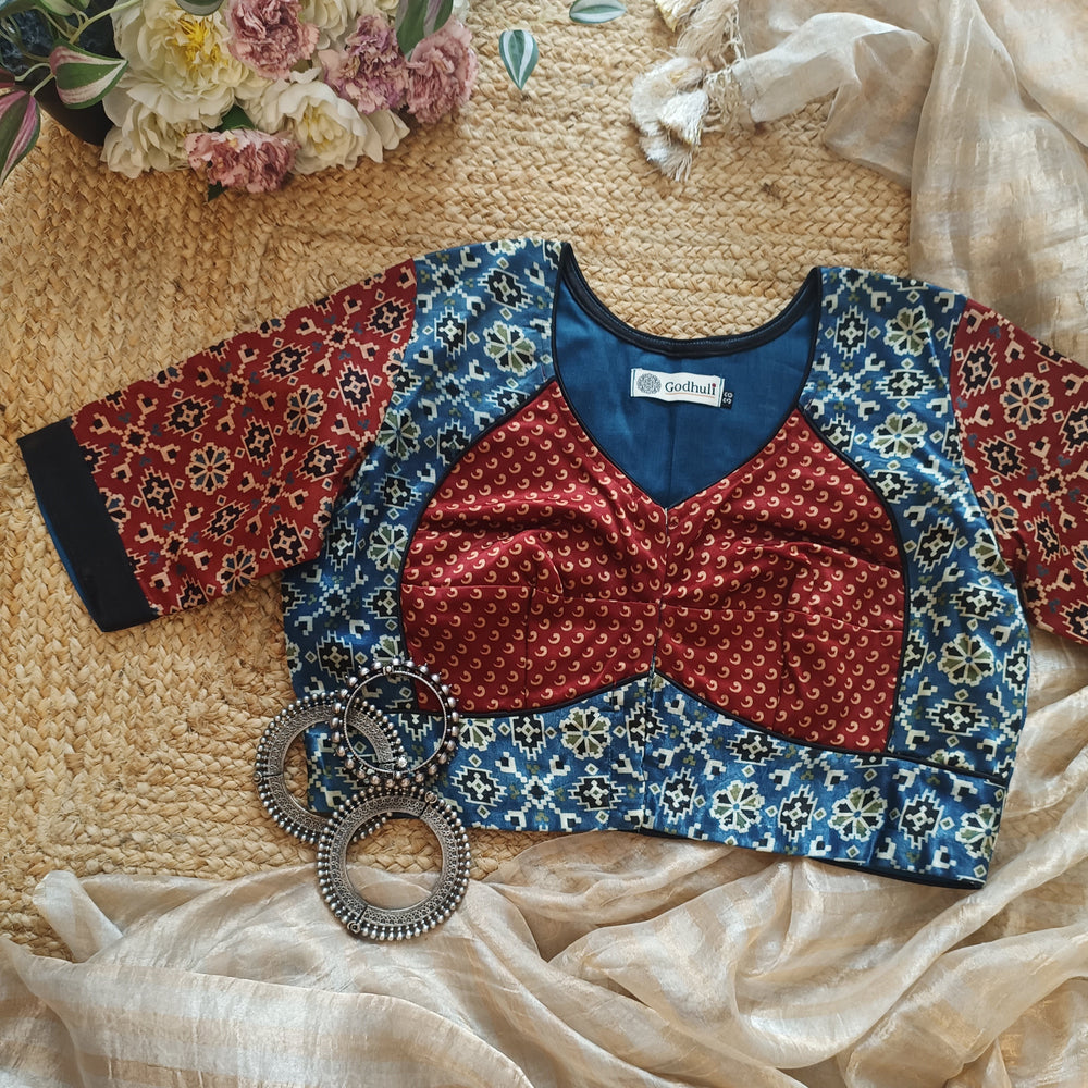 Maroon Indigo Blue Gaji Silk Choli Pattern Readymade Blouse | Godhuli