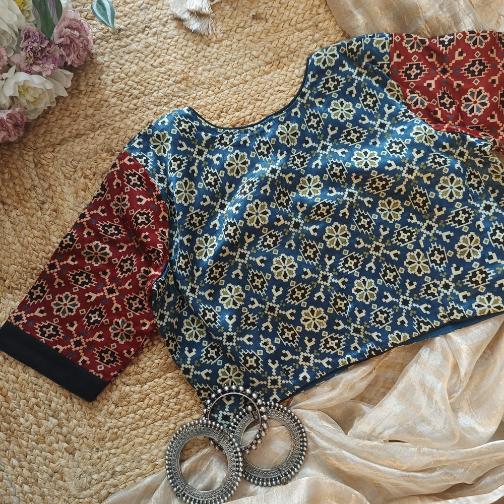 Maroon Indigo Blue Gaji Silk Choli Pattern Readymade Blouse | Godhuli