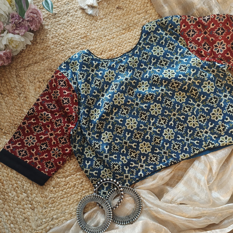Maroon Indigo Blue Gaji Silk Choli Pattern Readymade Blouse | Godhuli