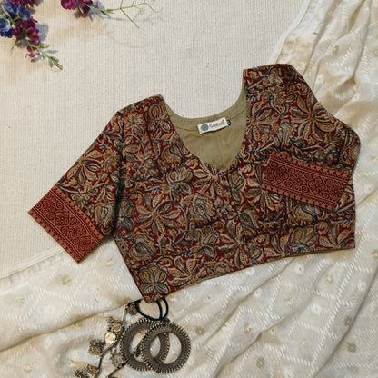 Maroon Olive Green Kalamkari Blouse