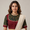 Marron Green Mughal Print Ajrakh Mirrorwork Readymade Blouse | Godhuli